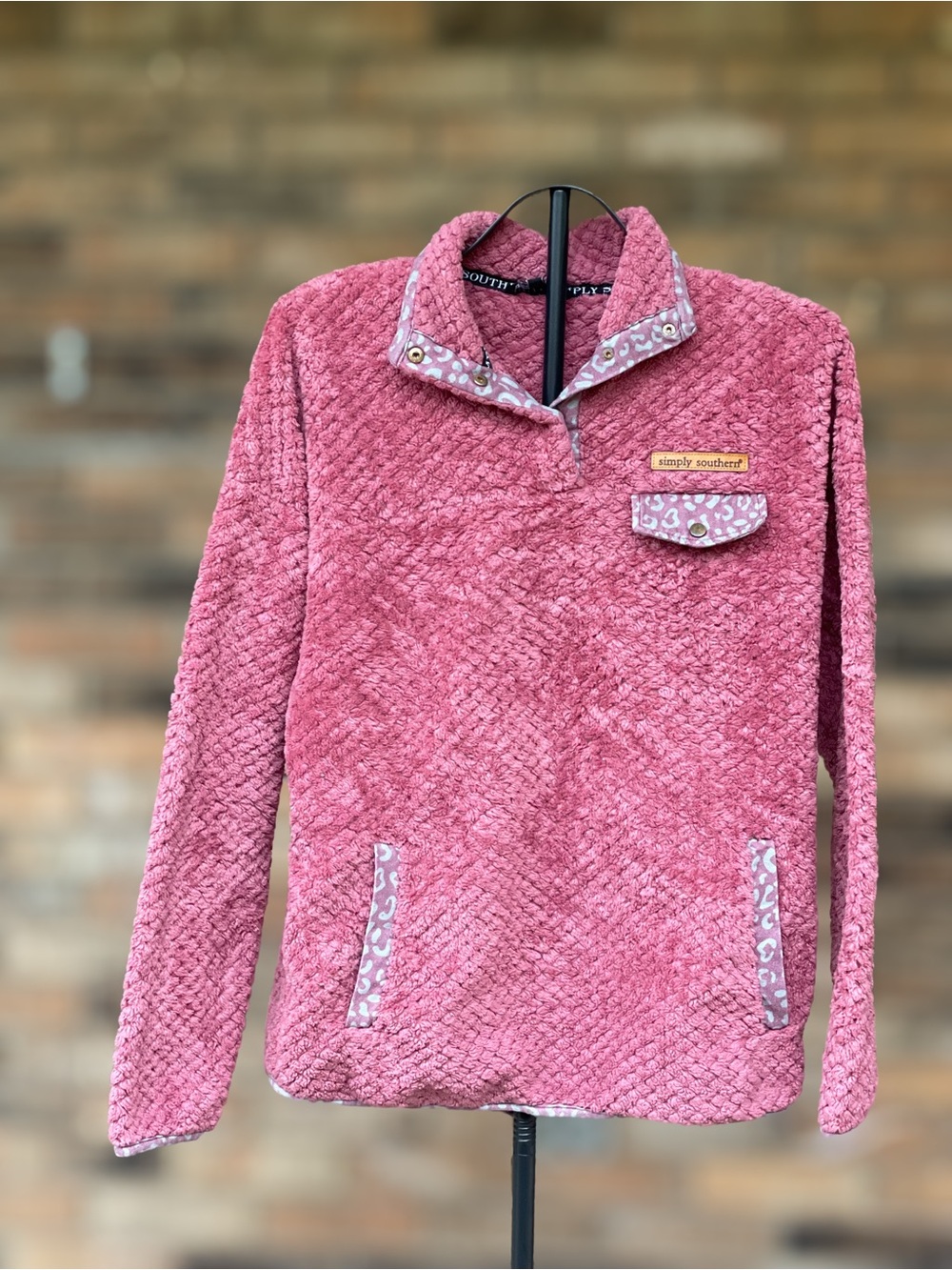 Simply Southern Large Pink Sherpa Pullover Leopard Trim Snap Fleece